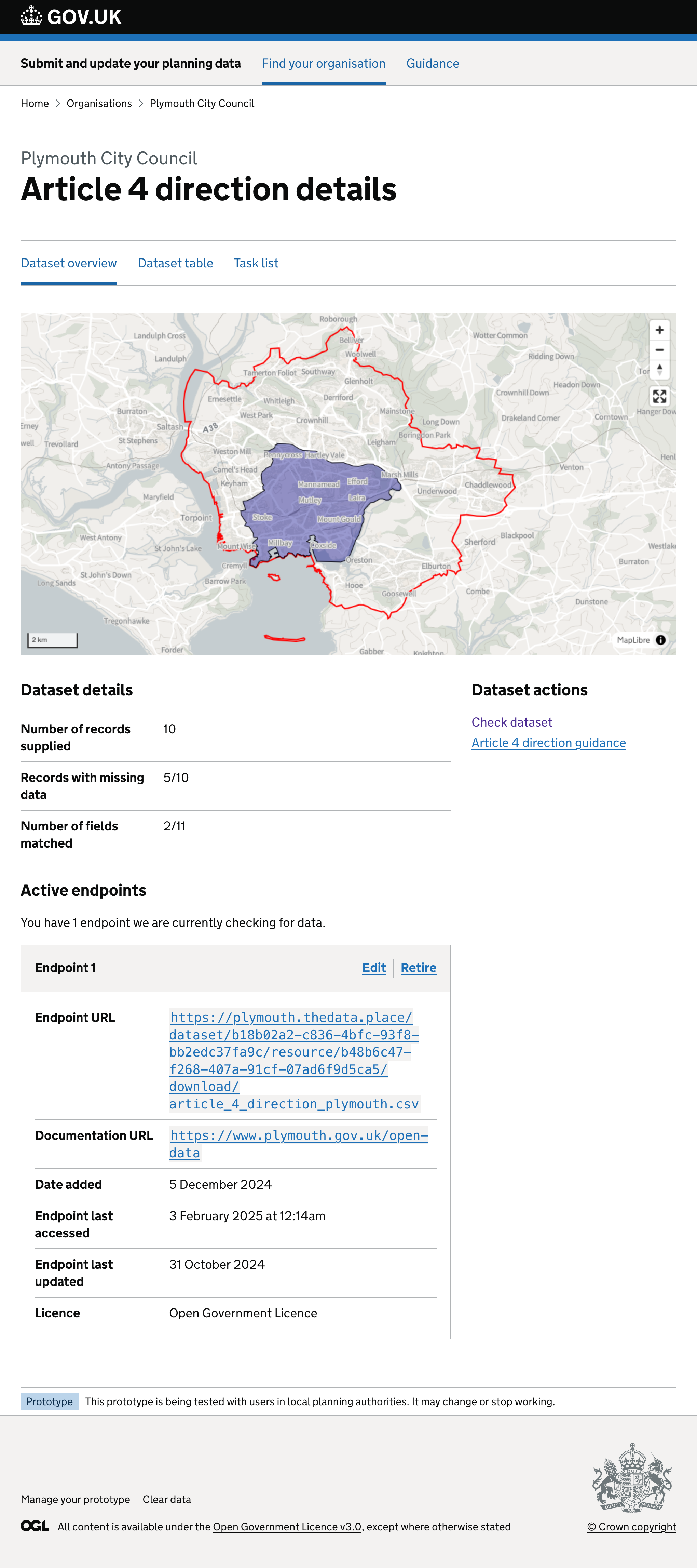 Page shows a map with the LPA boundary highlighted, metadata summary table and active endpoint data 