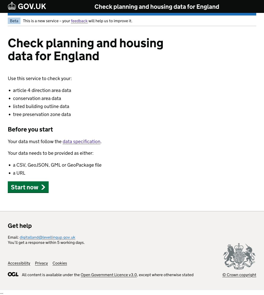 The start page for the check planning and housing data service