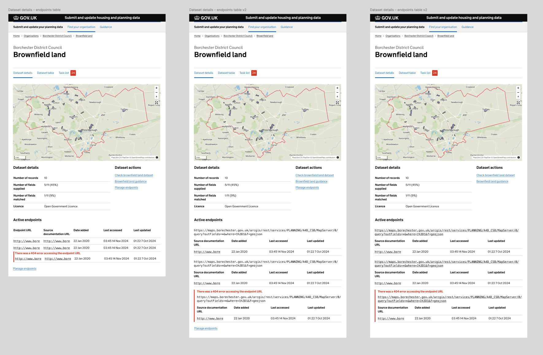 Three designs of the dataset details page with different ways of showing endpoints