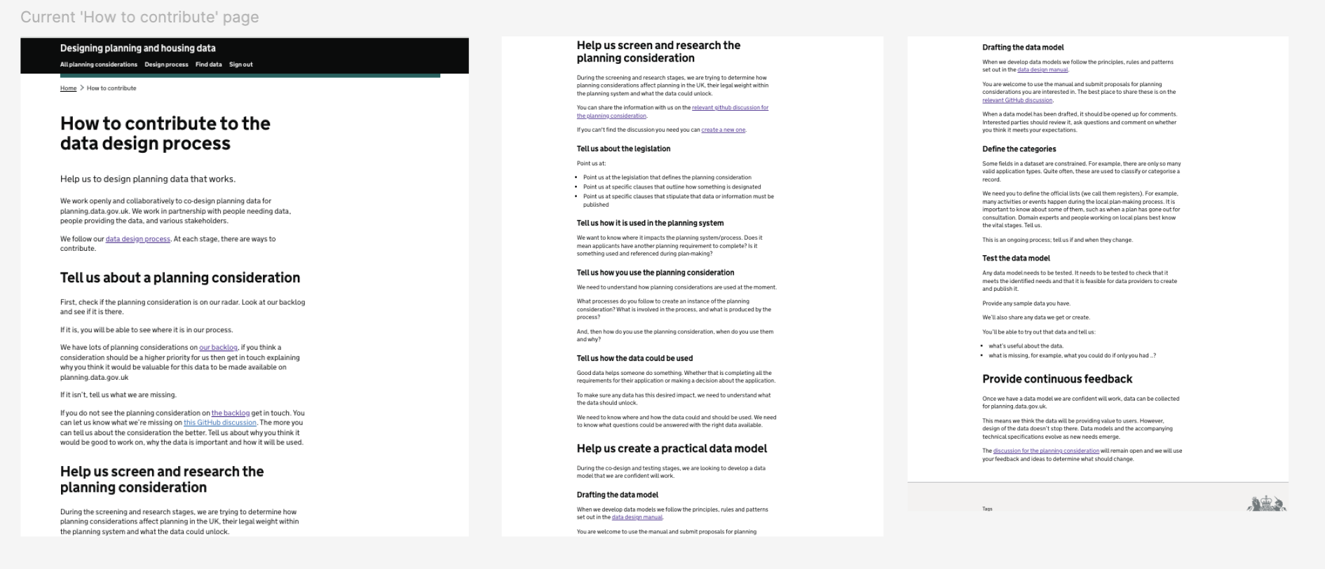 A screenshot showing 3 pages of how to contribute to the data design process