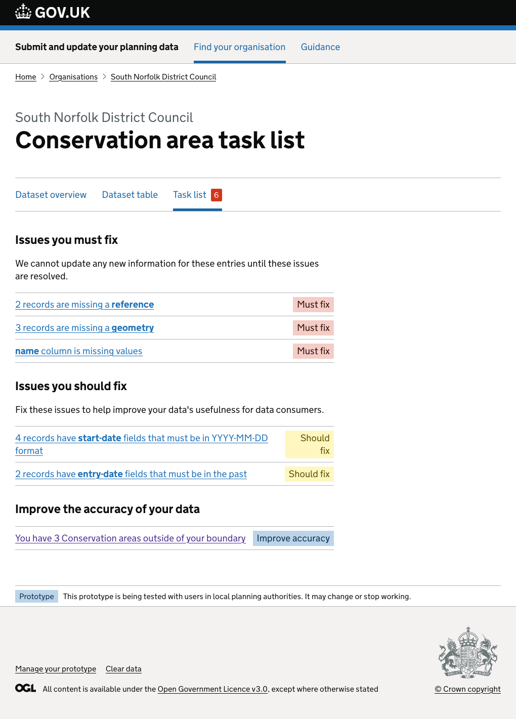 Task list page with tasks separated out under different headings