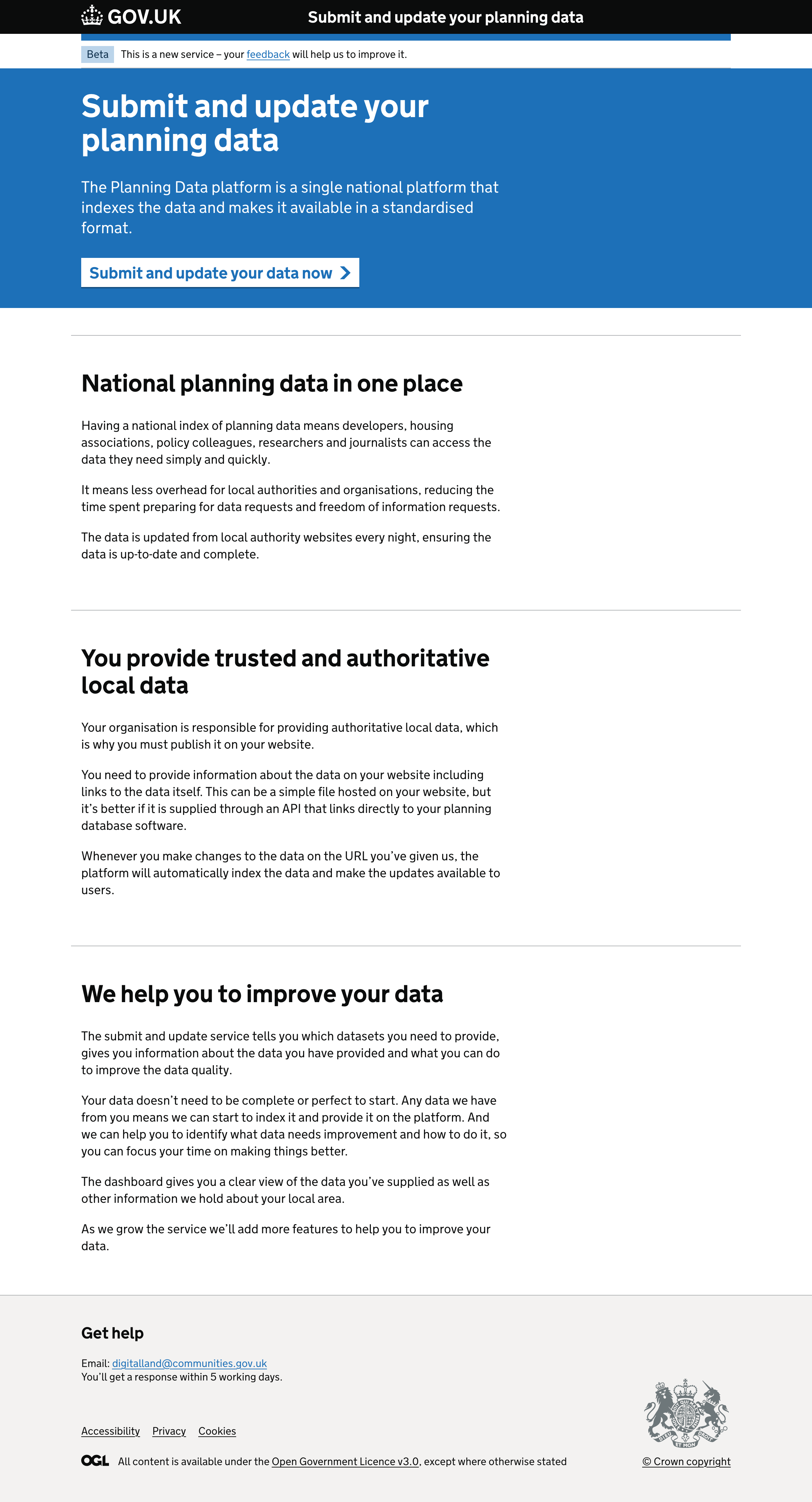 The new landing page for the submit and update your planning data service