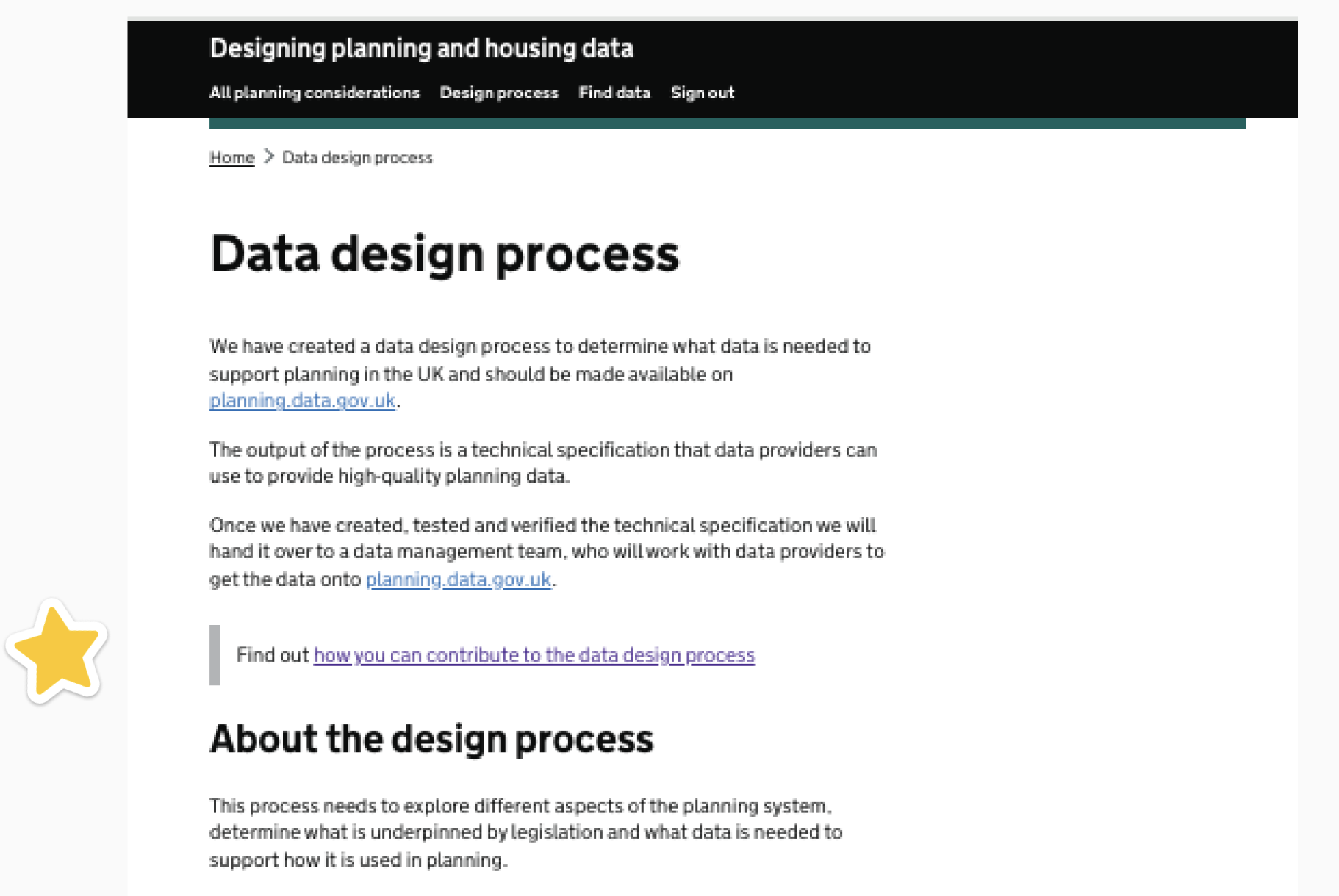 A annotated screen showing a CTA within a page asking users to contribute to the data design process