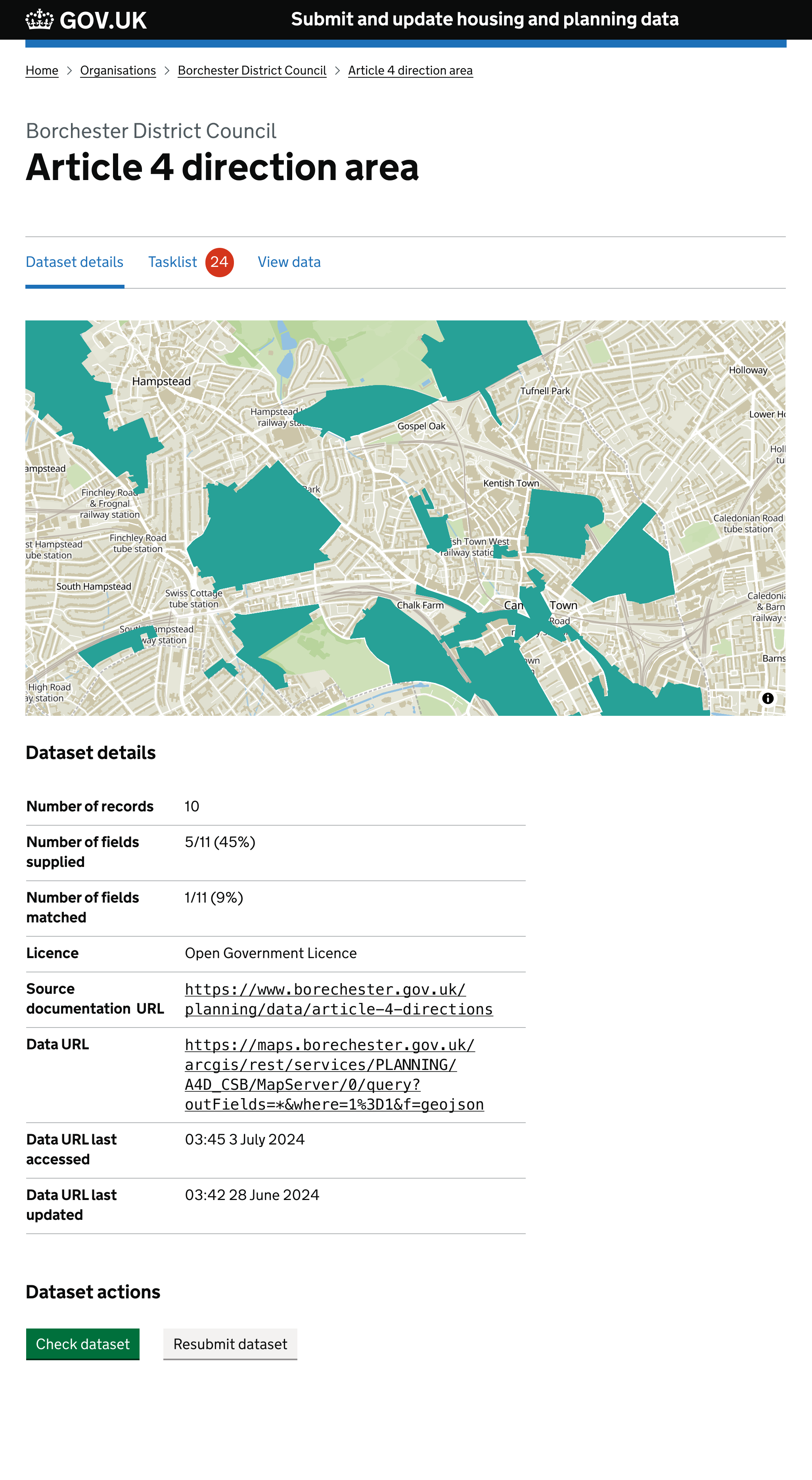 Page shows a map and a summary table of meta data